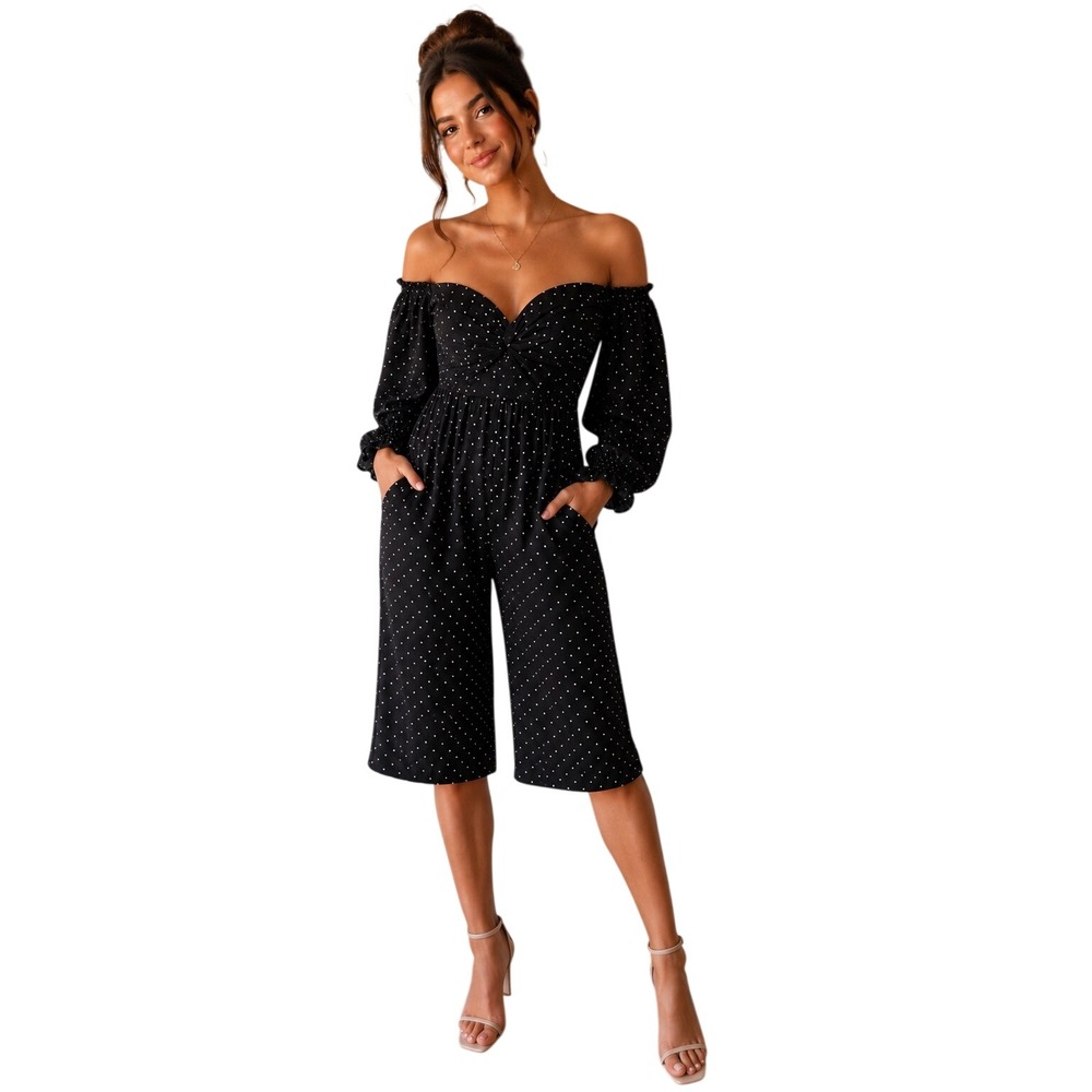 NWT Ivory & Chain Black Polka Dot Off Shoulder Jumpsuit Womens Size 8 AUS (4 US)